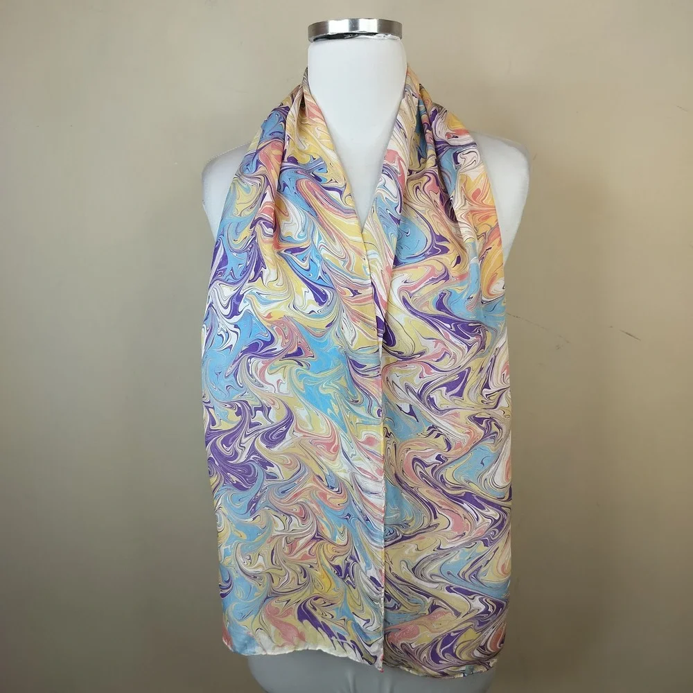 100% Silk Scarf Marbled Wavy Psychedelic Multicolor 56 x 11